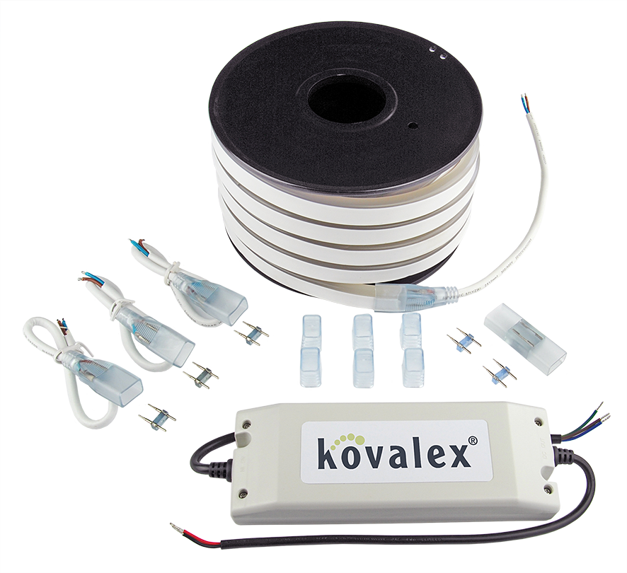 Kovalex LED Licht-Set 10 m - Inhalt: 10m LED-Band, (Trafo IP67), 4 Einspeisungen, 6 Endkappen, 1 Längsverbinder